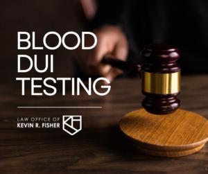 The words "Blood DUI Testing" in white over a background. The background is a gavel about to hit a wooden block.