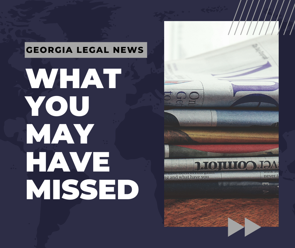 Caption states: Legal News You May Have Missed. On blue background with an image of a stack of newspapers.